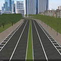 Spacious Urban Parking Lot With Green Median Trees And City Skyline