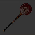 Ancient Serrated Weapon with Long Wooden Handle and Decorative Textured Design