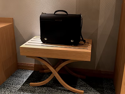 Black Leather Briefcase Placed On Wooden Small Table With Cross Legs 3d model