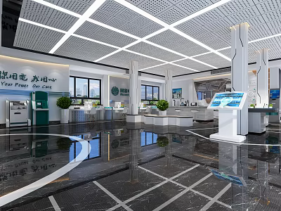 Modern Service Hall Interior Design With Self Service Kiosks Digital Counters And Green Plants 3d model
