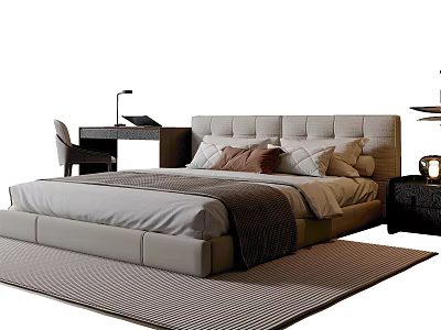Modern Upholstered Double Bed Interior With Pillows Nightstand Lamp And Rug 3d model