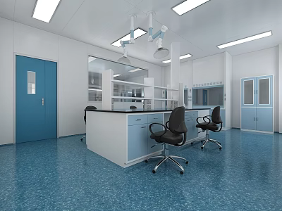 Modern Laboratory Interior With Blue Flooring Lab Benches And Cabinets 3d model