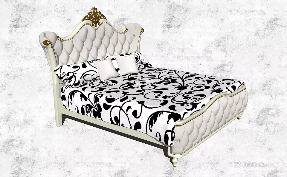Double Bed With White Upholstered Frame Golden Ornament And Black White Floral Pattern 3d model 