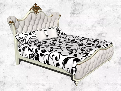 Double Bed With White Upholstered Frame Golden Ornament And Black White Floral Pattern 3d model