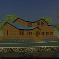 Two Story Wooden House With Blue Roof Balcony Lit Windows And Water View