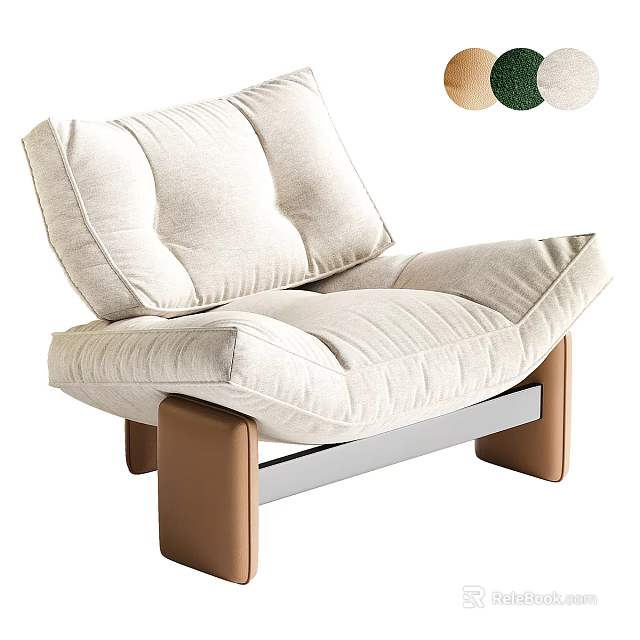 Modern Beige Fabric Armchair With Thick Seat Back Cushions And Brown Wooden Legs 3d model 