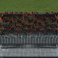 Stylish Garden Ornament With Black Metal Bench Red Flowers Gray Tiled Floor And Green Lawn