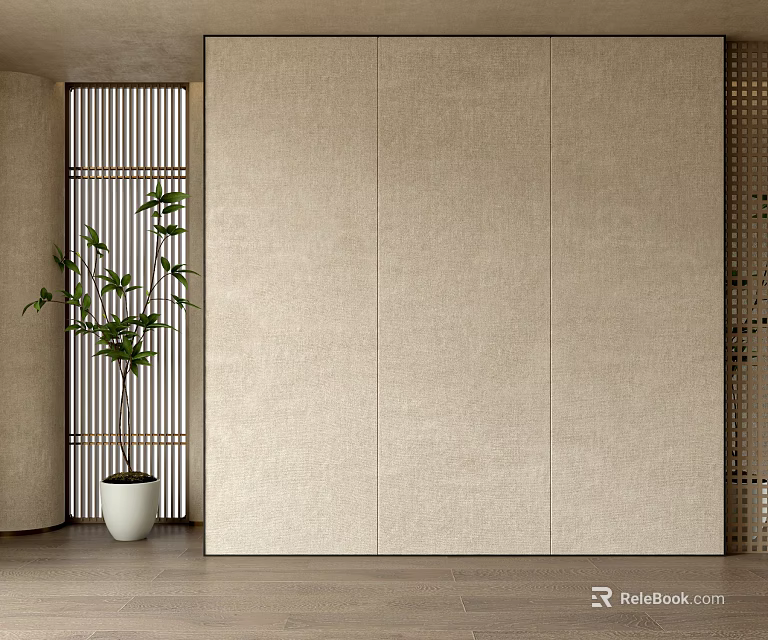 Beige Textured Background Wall In Modern Minimalist Interior With Potted Plant And Wooden Floor 3d model 