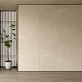 Beige Textured Background Wall In Modern Minimalist Interior With Potted Plant And Wooden Floor