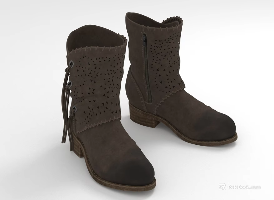 Brown Suede Ankle Boots With Perforated Design Zipper Tassel And Block Heel Details 3d model 