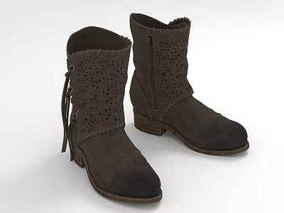 Brown Suede Ankle Boots With Perforated Design Zipper Tassel And Block Heel Details 3d model