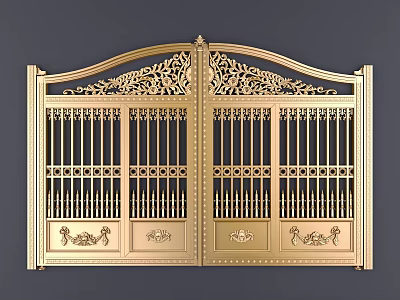 Golden Double Gate With Intricate Carvings Symmetrical Design And Decorative Grilles 3d model