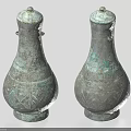 Two Antique Ceramic Vessels With Carved Patterns And Greenish Patina Lids