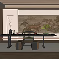 Traditional Chinese Tea Room Interior With Long Table Tea Set Chair And Wall Painting