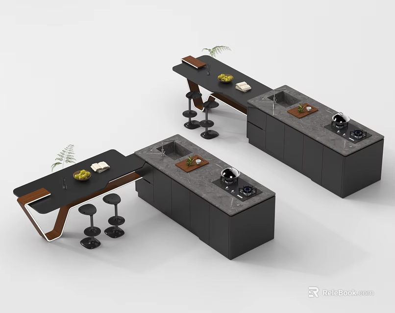 Modern Kitchen With Black Island Counter Bar Stools Sink And Stove 3d model 
