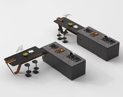 Modern Kitchen With Black Island Counter Bar Stools Sink And Stove 3d model