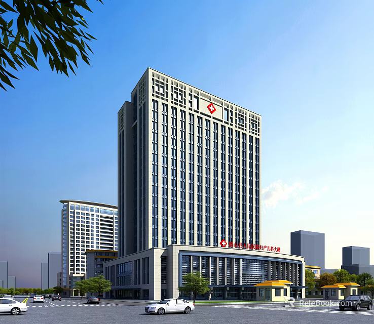 Modern High Rise Chinese Hospital Building With Urban Facade And Red Cross 3d model 
