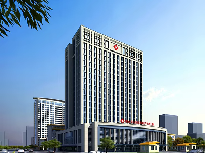 Modern High Rise Chinese Hospital Building With Urban Facade And Red Cross 3d model