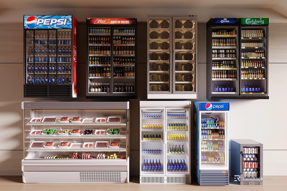 Various Beverage Display Refrigerators With Pepsi Coca Cola Gatorade And Assorted Drinks 3d model 