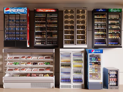 Various Beverage Display Refrigerators With Pepsi Coca Cola Gatorade And Assorted Drinks 3d model