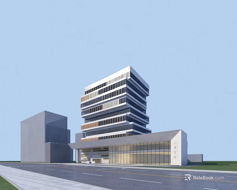 Modern Multi Storey Office Building With Glass Facade And Adjacent Low Structure Fronting Road 3d model