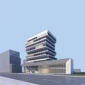 Modern Multi Storey Office Building With Glass Facade And Adjacent Low Structure Fronting Road 3d model