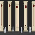 Decorative Beige Columns With Red Carvings And Stone Pedestals Against Dark Background