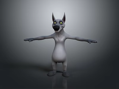 Cartoon Dog Character With Gray Fur Large Ears Green Eyes Open Arms Pose 3d model