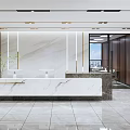 Modern Office Reception Area With White And Gray Marble Desk Wooden Paneling And Glass Partitions