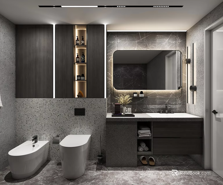 Modern Bathroom With Gray Stone Walls Dark Wood Cabinets Dual Toilets And Backlit Mirror 3d model 