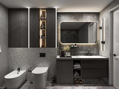 Modern Bathroom With Gray Stone Walls Dark Wood Cabinets Dual Toilets And Backlit Mirror 3d model