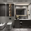 Modern Bathroom With Gray Stone Walls Dark Wood Cabinets Dual Toilets And Backlit Mirror