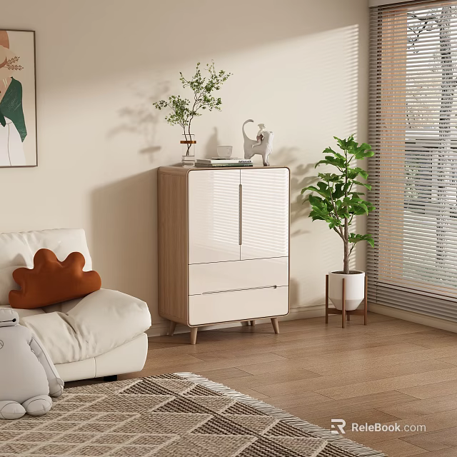 Modern Living Room Corner Side Cabinet With Light Wood White Finish And Potted Plant Decor 3d model 