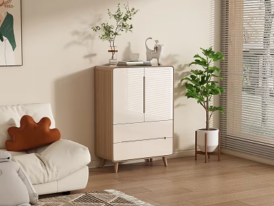 Modern Living Room Corner Side Cabinet With Light Wood White Finish And Potted Plant Decor 3d model