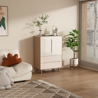 Modern Living Room Corner Side Cabinet With Light Wood White Finish And Potted Plant Decor 3d model
