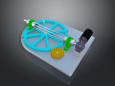 Mechanical Transmission Device With Blue Gear Yellow Pinion Motor Green Components And White Base 3d model