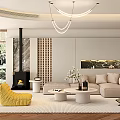 Modern Living Room Interior With Curved TV Wall Open Shelves Yellow Armchair And Flower Arrangement