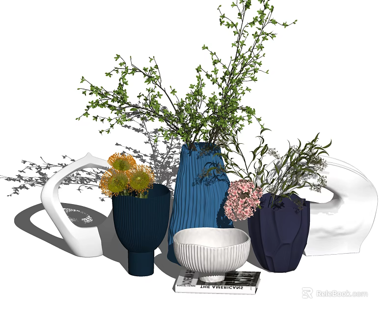 Modern Colored Vases With Yellow Pink Flowers And Green Foliage On 3d model 