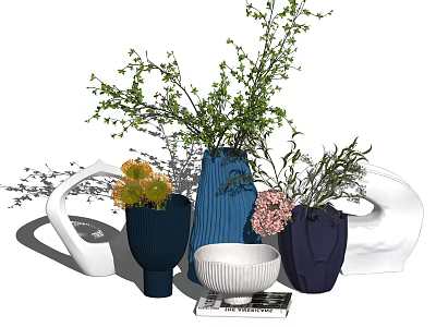 Modern Colored Vases With Yellow Pink Flowers And Green Foliage On 3d model