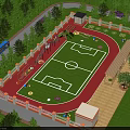 Outdoor Football Field With Red Running Track Green Lawn Playground Equipment And Trees