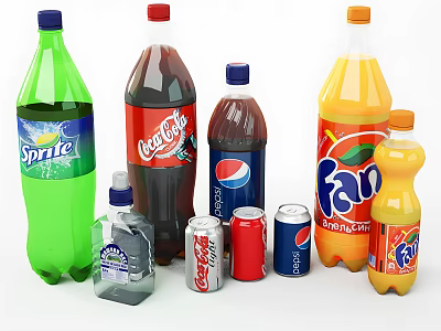 Variety Of Soft Drinks Bottles And Cans 3d model