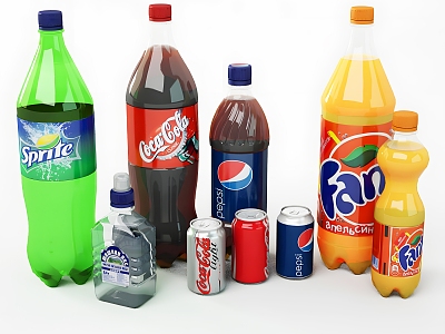 Beverage Combination Bottle Beverage Fanta Cola Pepsi Coca-Cola Sprite Plastic Bottle Cans 3d model