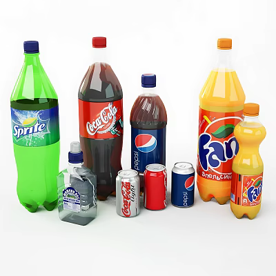 Variety Of Soft Drinks Bottles And Cans 3d model