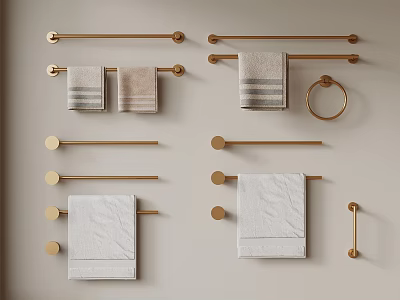 Stylish Bathroom Accessories with Gold Towel Bars Towel Rings and Hanging Towels 3d model