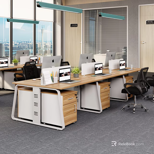 Modern Office Desks With Computers Documents Pencils Green Plants Black Chairs And Large Windows 3d model 
