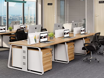 Modern Office Desks With Computers Documents Pencils Green Plants Black Chairs And Large Windows 3d model