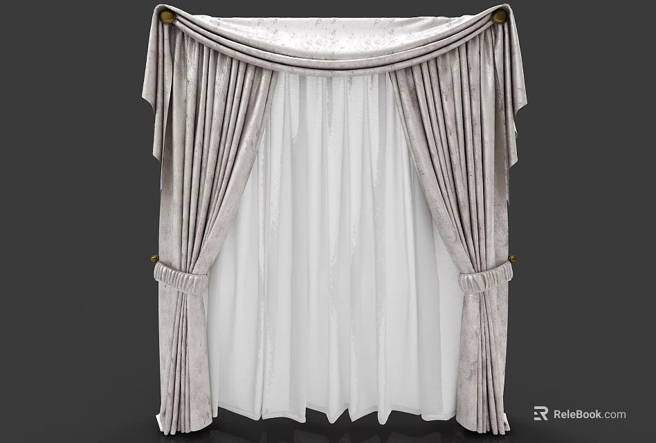 Elegant Gray Curtain With Double Layer White Sheer And Decorative Drapes 3d model 