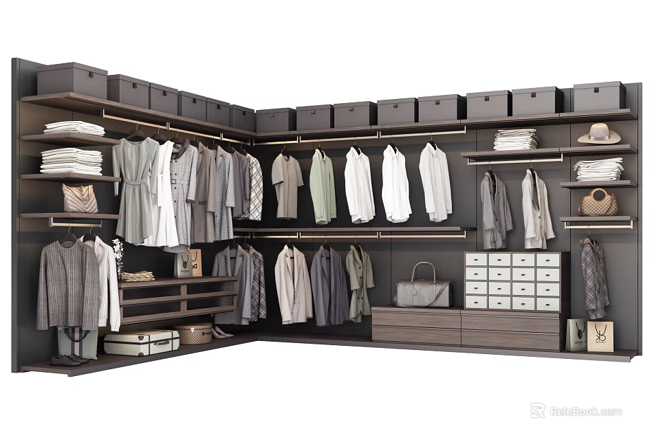 Modern Wardrobe Interior Design With Hanging Clothes Storage Boxes And Drawers 3d model 