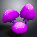 Three Purple Mushrooms with White Spots 3D Render on Dark Background