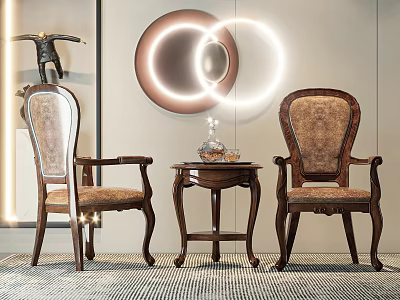 Leisure Chairs with Wooden Frames Upholstered Seats in Elegant Setting Round Mirror and Small Table 3d model